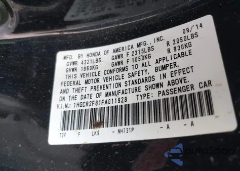 2015 Honda Accord Exl z USA, uszkodzony, nr VIN 1HGCR2F81FA011928